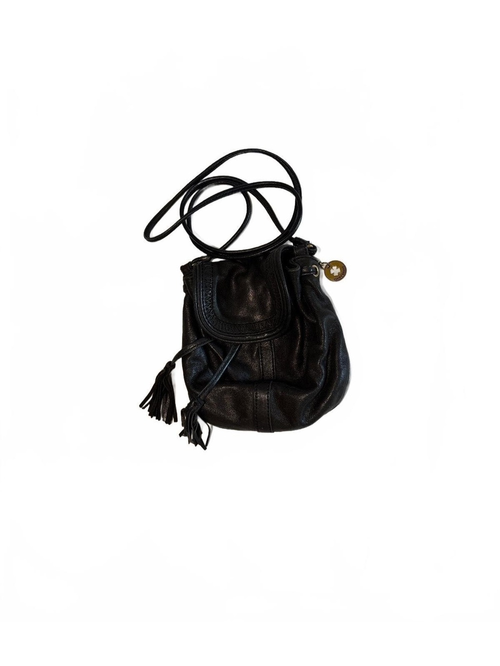 Lucky Brand Black Leather Drawstring Crossbody Bag Tassel Charm - Picture 1 of 9
